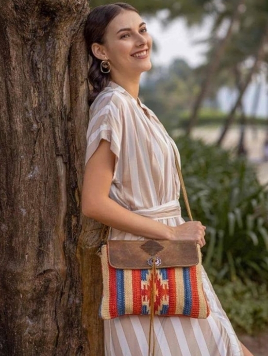 Myra Bag Handbags - Myra Win Win Crossbody Bag Rustic Brown Leather & Southwestern Canvas Tapestry